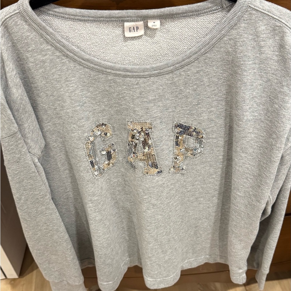 GAP Heather Gray Sequin Logo Pullover